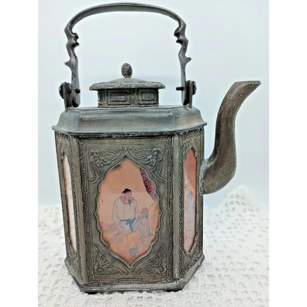 Antique Chinese Republic Era Teapot 6 Handpainted Églomisé Glass Panels